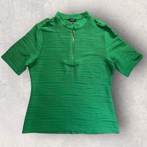 AUW Women’s Green Textured Short Sleeve Top Gold Half-Zip Size Large